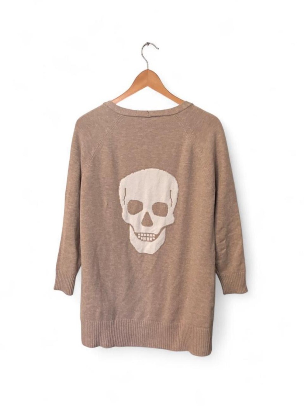 Beige Skull Back Open-Front Women's Sweater Cardigan Halloween Skull Skeleton M